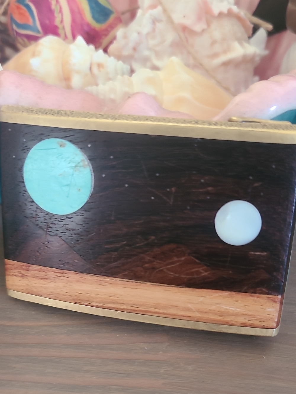 Vintage 70's-80's Turquoise & Mother Of Pearl Wood & Brass Belt Buckle - Picture 8 of 8